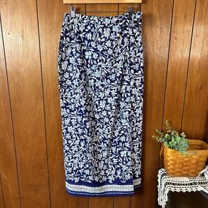 Limited America 100% Silk Wrap Floral Midi‎ Skirt Navy Blue White Blue Garden